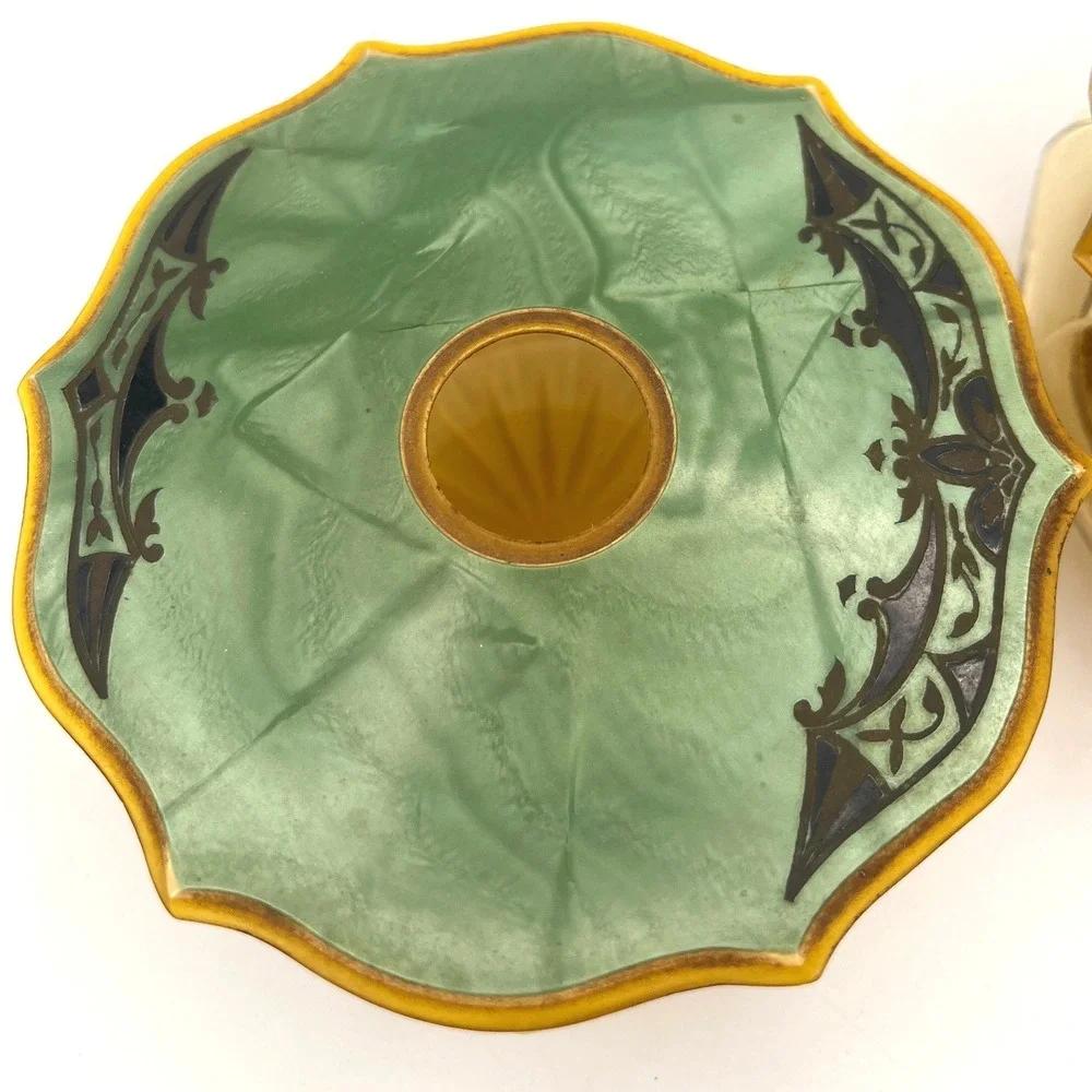 Art Deco Amber Glass Vanity Jar Set with Green Celluloid Lids